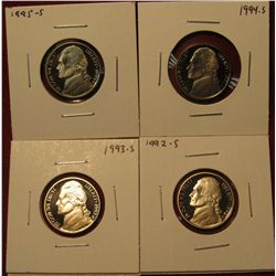 45. (4) Proof Jefferson Nickels – 1992-S, 1993-S, 1994-S & 1995-S.