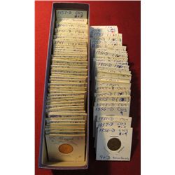 104. Blue 9 1/4" long 2" x 2" Box of Lincoln Cents in 2" x 2" holders containing Lincoln Cent odditi