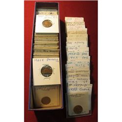 105. Blue 9 1/4" long 2" x 2" Box of Lincoln Cents in 2" x 2" holders containing Extreme Lincoln Cen