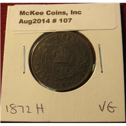 107. 1872 H New Foundland Cent. VG-8.