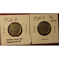 113.  1926 D G-4 & 30 S VF+. Redbook Value $14.00.