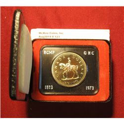 123. 1873-1973  Mounted Police  Canada Silver Prooflike Dollar. In original Royal Canadian Mint felt