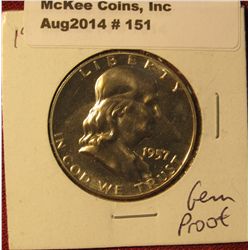 151. 1957 P Franklin Half Dollar. Proof 64 With A Superb Cameo Frosted Reverse.