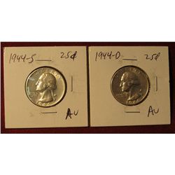 181. 1944 D & S Washington Silver Quarters. AU.