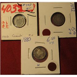 220. 1880H G-4, 1892 VG, & 1900 EF-AU Canada Five Cent Silvers.