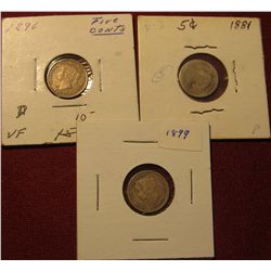 222, 1881 AG, 1896 VF, & 1899 F-12 Canada Five Cent Silvers.