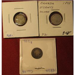 223. 1882 H VG, 1896 F-VF, 7 1898 F-VF Canada Five Cent Silvers.