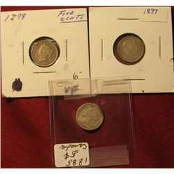 224. 1885 G, 1897 VF, & 1899 VF Canada Five Cent Silvers.