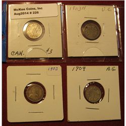 226. 1902, 03, 03h, & 04 Canada Five Cent Silvers. G-VG.