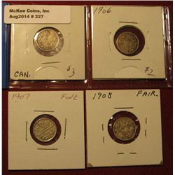 227. 1905, 06, 07, & 08 Canada Five Cent Silvers. AG-G+.