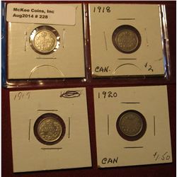 228. 1917, 18, 19, & 20 Canada Five Cent Silvers. VG-VF.