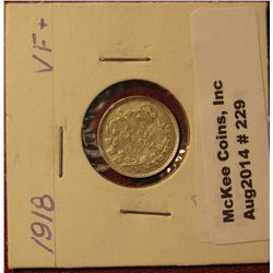 229. 1918 Canada Five Cent Silver. VF+.