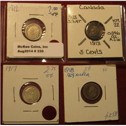 230. 1912, 13, 17, & 18 Canada Five Cent Silvers. VG-F.