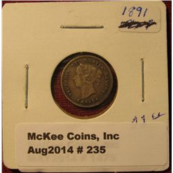 235. 1891 Canada Five Cent Silver. F-12.