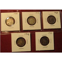 236. 1908, (2) 10, 12, & 13 Canada Five Cent Silvers. VG-VF.