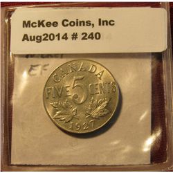 240. 1927 Canada Nickel. EF. Scarce This Nice.
