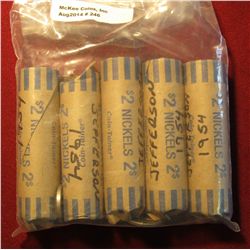 246. (5) Circulated Rolls Of 1954 P Jefferson Nickels. Scarcer Date.