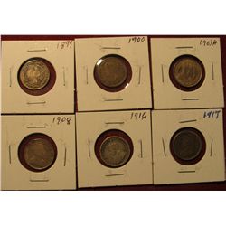 301. 1899, 1900, 03H, 08, 16, & 17 Canada Five Cent Silvers. Grades up to EF. (6 pcs.).