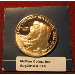 314. 1823-1973 Clement Moore 'Twas the Night Before Christmas" Proof Bronze Medal. 1 1/2" diameter. 