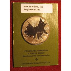 333. "1776-1976 Philadelphia Convention & Tourist BUREAU Bicentennial City Commemorative" Proof Bron