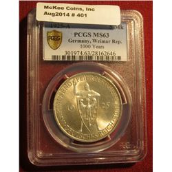 401. 1925A Silver 5 Marks Germany, PCGS MS 63 # 301974.63/28162646. Scarce.