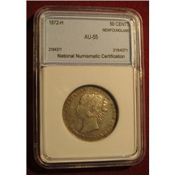 402. 1872H Silver 50c Newfoundland NNC AU55 # 2164371. Well struck
