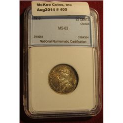 405. 1919 Canada Silver Quarter. NNC 63 #2164364. Attractive toning.