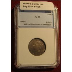 406. 1900 Canada Silver Quarter. NNC AU 55. Attractive Dark Blue toning.