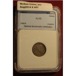 407. 1903 H Canada Silver Dime. NNC AU 55 #2166578. Better date.