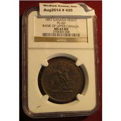 420. 1857 Large Cent Bank of Upper Canada. NGC 63BN #3704303-008.