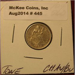 445. 1889 P Seated Liberty Dime. Choice AU-BU . Toned.