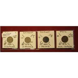 657. (4) Old World Coins from Colombia 5 Centavos KM 183.1; 1875 F.E. Germany 5 Pfennig KM-3; German