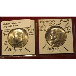 658. 1968 D & 69 D Kennedy 40% Silver Half Dollars.