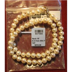 774. 16" Pearl Necklace with 14K Yellow Gold Clasp and 6.5-7 mm White Pearls. New in package. Comple