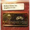 Image 1 : 778. "Henry Ford" One Troy Ounce .999 Fine Silver Ingot with 24Kt Gold overlay. The Hamilton Mint.
