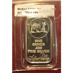 784. One Ounce .999 Fine Silver, Silver Towne Ingot depicting Prospector with Mule and Mining rig.