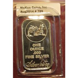 789. One Ounce .999 Fine Silver, Silver Towne Ingot depicting Prospector with Mule and Mining rig.