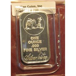 790. One Ounce .999 Fine Silver, Silver Towne Ingot depicting Prospector with Mule and Mining rig.