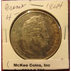 795. 1844 France Silver 5 Francs. Depicts Louis Philippe I. VF.