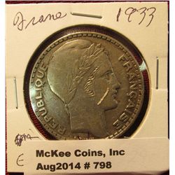 798. 1933 France Silver 20 Francs. VF.