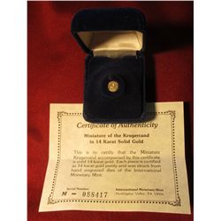 800. Miniature of the Krugerrand in 14K Solid Gold with Certicate of Authenticity.