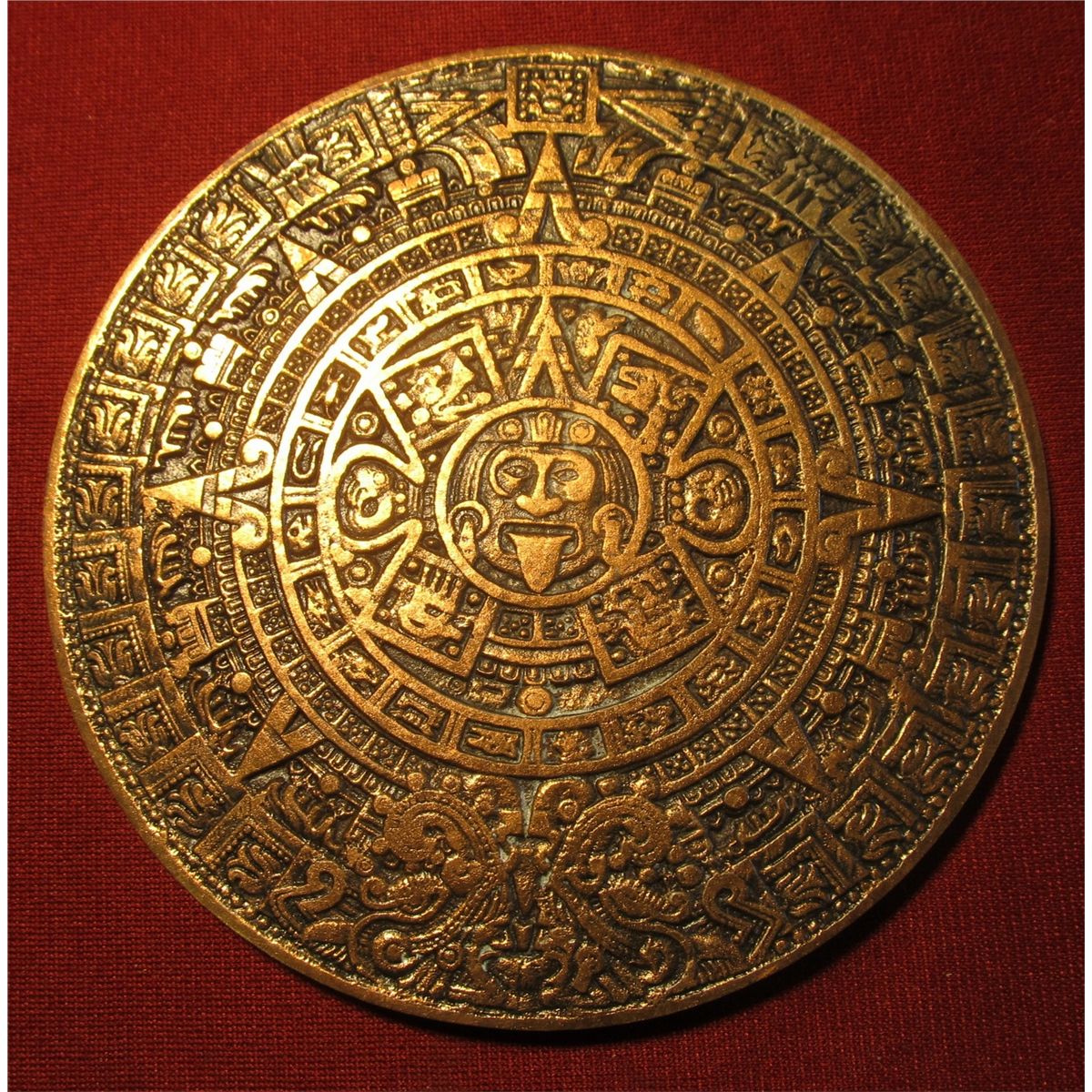 Aztec Scroll 860. Large bronze Aztec Calendar, back has Aztec Indian holding scroll ...