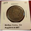 Image 1 : 997. 1847 Large Cent VG