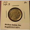 Image 1 : 1071. 1913 Type 2 (flat line) Buffalo Nickel AU