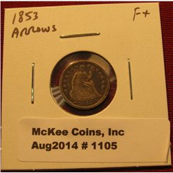 1105. 1853 arrows Seated Liberty Half Dime F+
