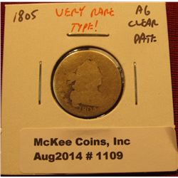 1109. 1805 Draped Bust Heraldic Eagle Reverse Dime AG, clear date, VERY RARE TYPE!!!