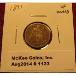 1123. 1891 Seated Liberty Dime VF toned