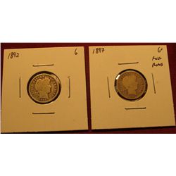 1125. 2 Barber Dimes – 1892 G & 1897 G+, both have full rims