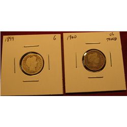 1126. 2 Barber Dimes – 1899 G & 1900 VG toned