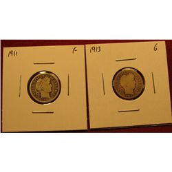 1128. 2 Barber Dimes – 1911 F & 1913 G